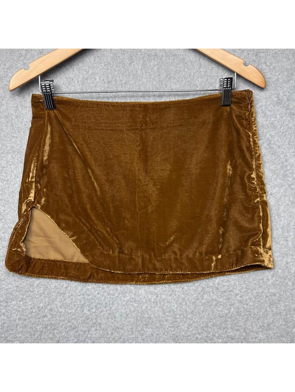 Free People Annalise Velvet Mini Skirt Gold Copper Brown Side Vent Boho Y2K Sz 2